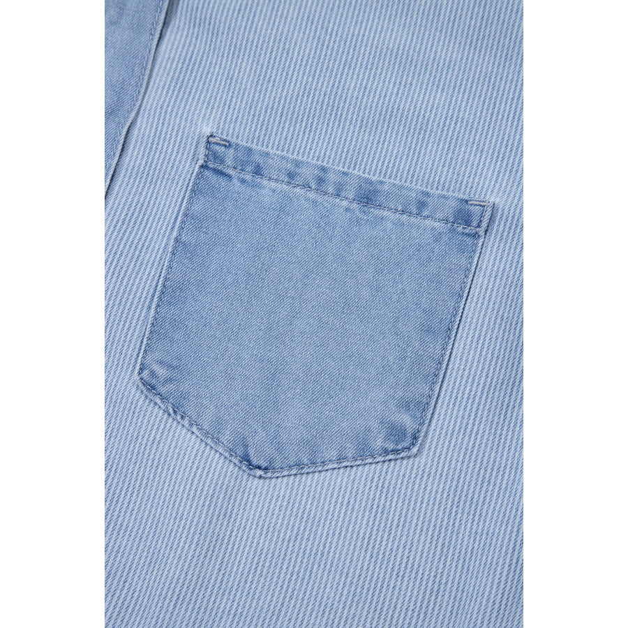 Beau Blue Lightweight Denim Striped Patchwork Button Down Shacket Tops/Blouses & Shirts