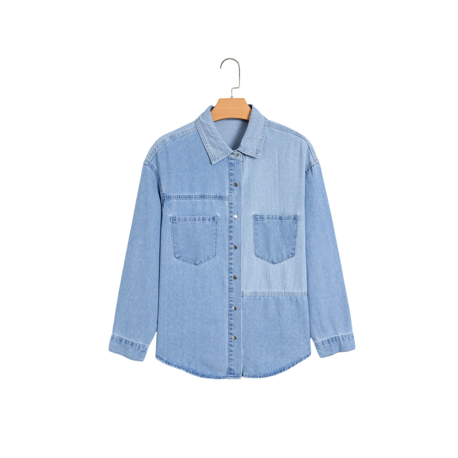 Beau Blue Lightweight Denim Striped Patchwork Button Down Shacket Tops/Blouses & Shirts