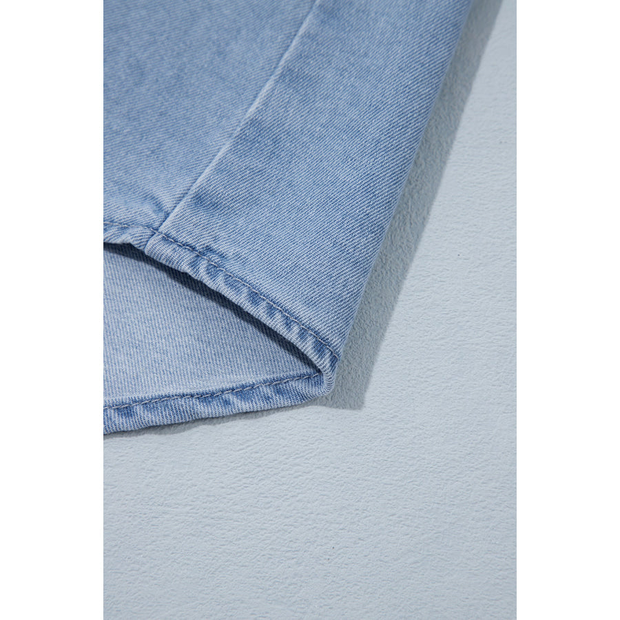 Beau Blue Lightweight Denim Striped Patchwork Button Down Shacket Tops/Blouses & Shirts