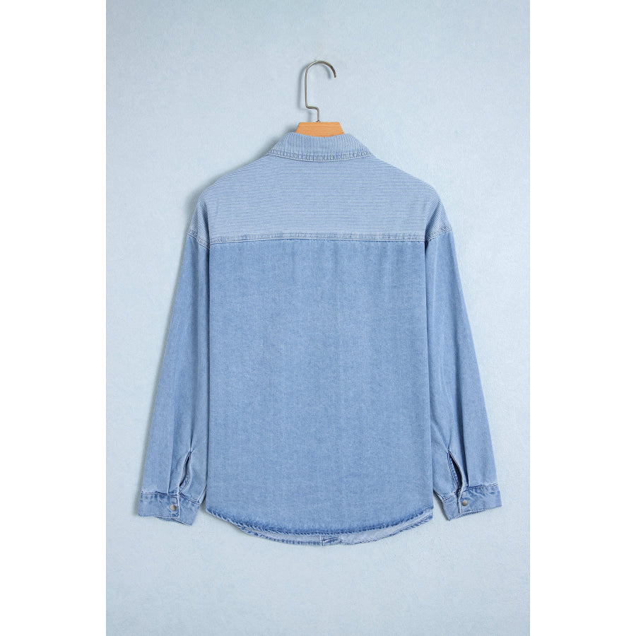 Beau Blue Lightweight Denim Striped Patchwork Button Down Shacket Tops/Blouses & Shirts