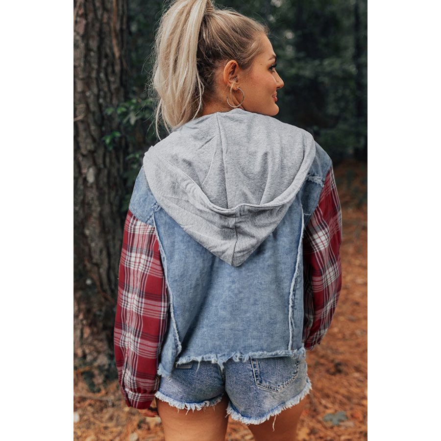 Beau Blue Plaid Print Patchwork Hooded Raw Hem Denim Jacket Outerwear/Denim jackets