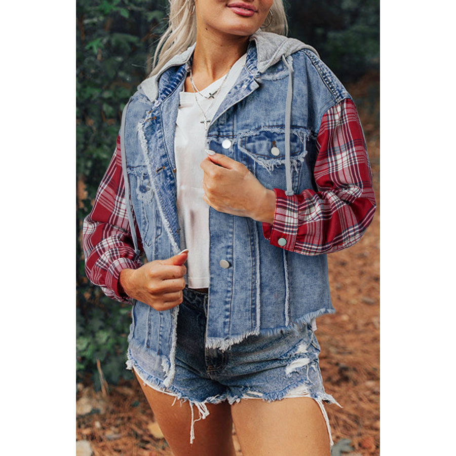 Beau Blue Plaid Print Patchwork Hooded Raw Hem Denim Jacket Beau Blue / S / 83% Cotton + 17% Polyester Outerwear/Denim jackets