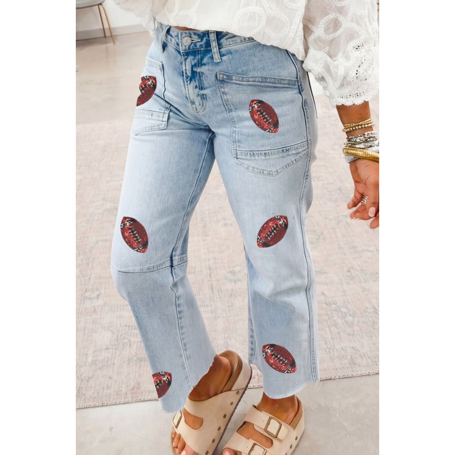Beau Blue Sequin Rugby Pattern Raw Hem Casual Jeans Beau Blue / 4 / 65% Cotton + 33% Polyester + 2% Elastane Bottoms/Jeans
