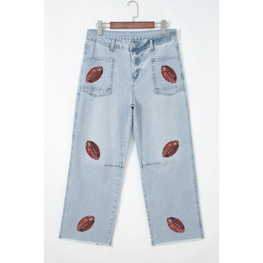 Beau Blue Sequin Rugby Pattern Raw Hem Casual Jeans Bottoms/Jeans