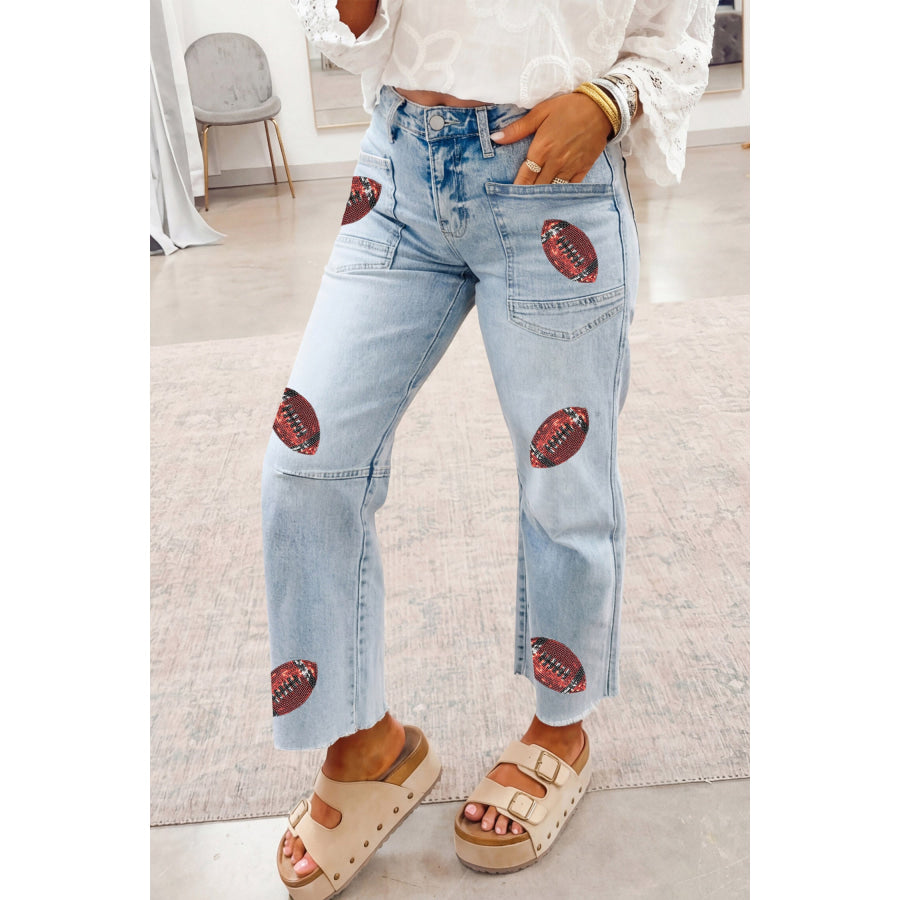Beau Blue Sequin Rugby Pattern Raw Hem Casual Jeans Bottoms/Jeans