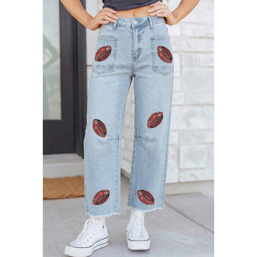 Beau Blue Sequin Rugby Pattern Raw Hem Casual Jeans Bottoms/Jeans