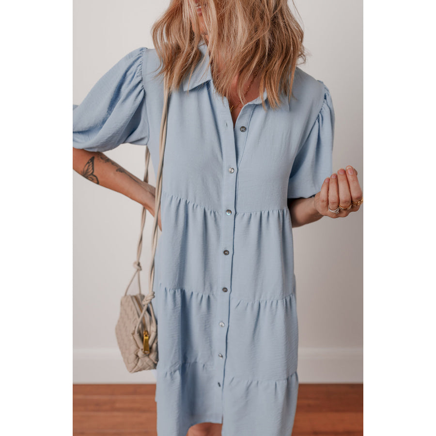Beau Blue Shirt Collar Button Up Short Puff Sleeve Tiered Shift Dress Dresses/Mini Dresses