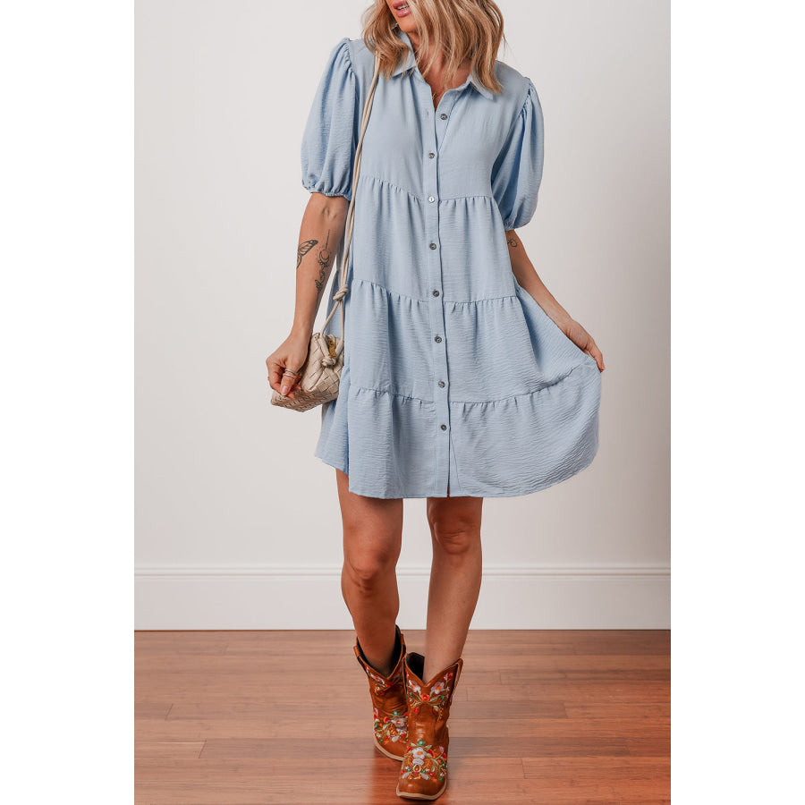 Beau Blue Shirt Collar Button Up Short Puff Sleeve Tiered Shift Dress Dresses/Mini Dresses