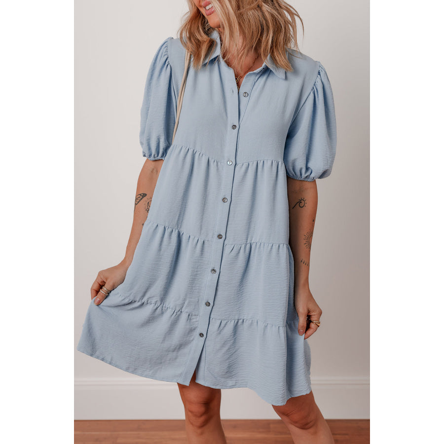 Beau Blue Shirt Collar Button Up Short Puff Sleeve Tiered Shift Dress Dresses/Mini Dresses