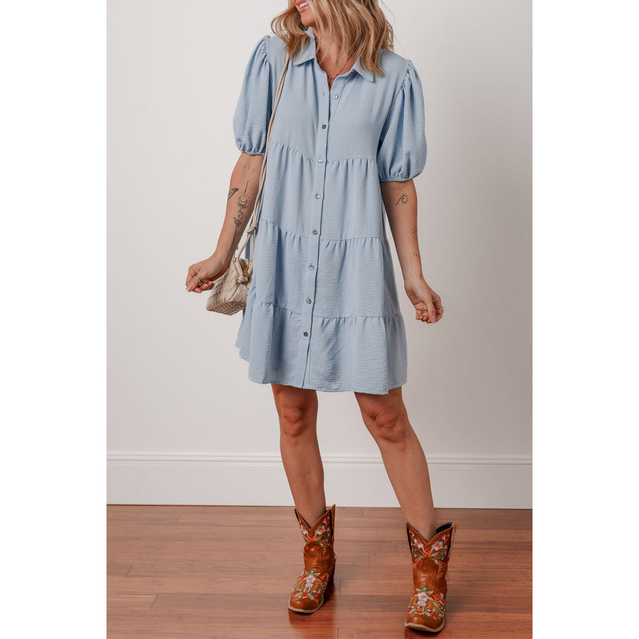 Beau Blue Shirt Collar Button Up Short Puff Sleeve Tiered Shift Dress Dresses/Mini Dresses