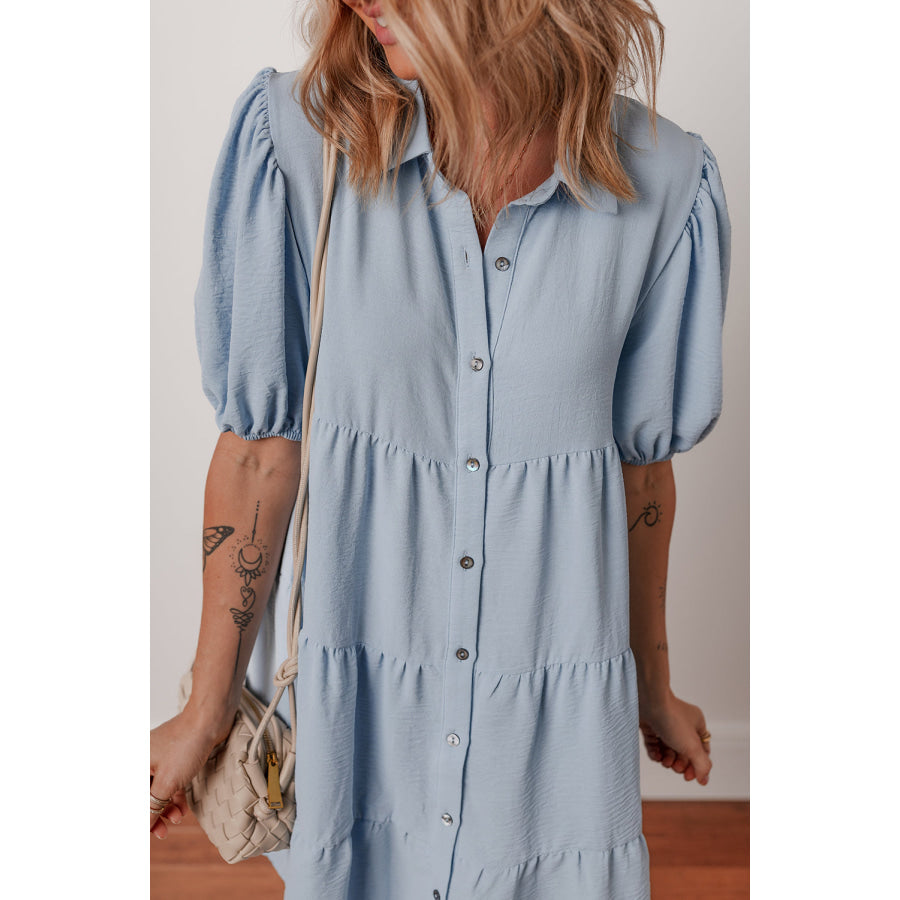 Beau Blue Shirt Collar Button Up Short Puff Sleeve Tiered Shift Dress Dresses/Mini Dresses