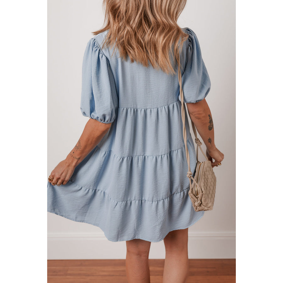 Beau Blue Shirt Collar Button Up Short Puff Sleeve Tiered Shift Dress Dresses/Mini Dresses