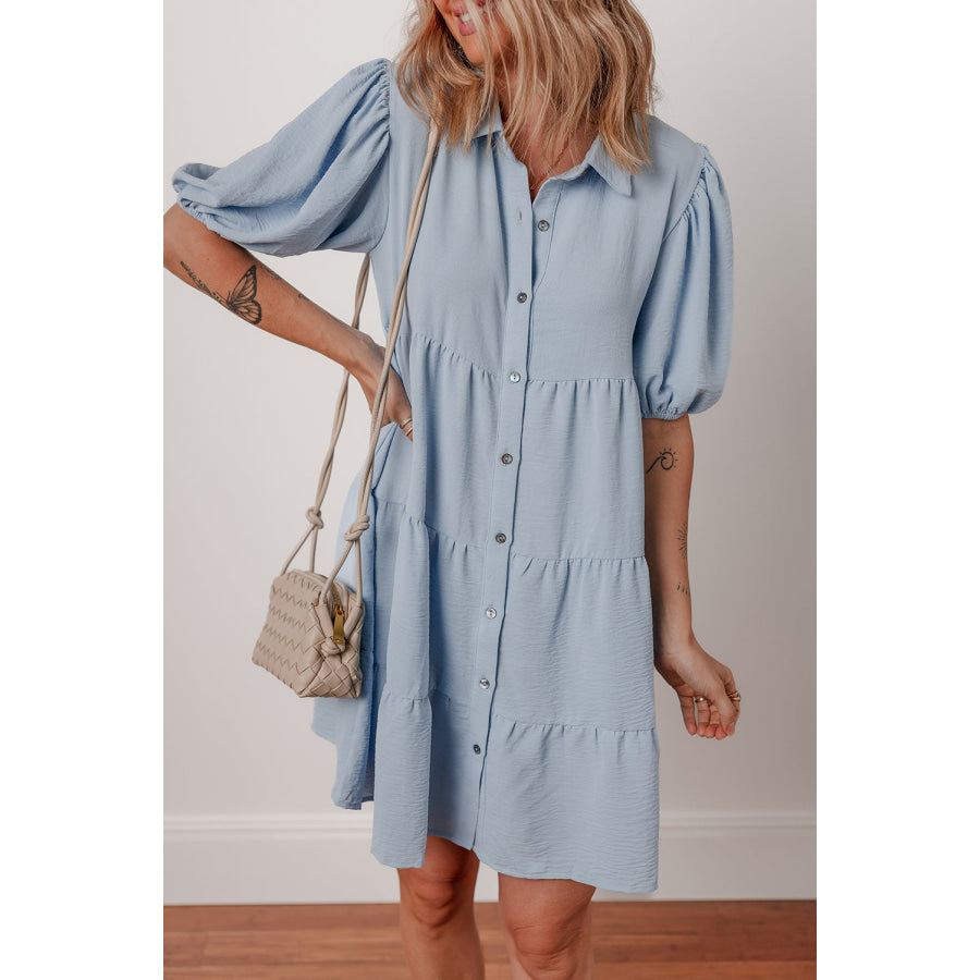 Beau Blue Shirt Collar Button Up Short Puff Sleeve Tiered Shift Dress Dresses/Mini Dresses