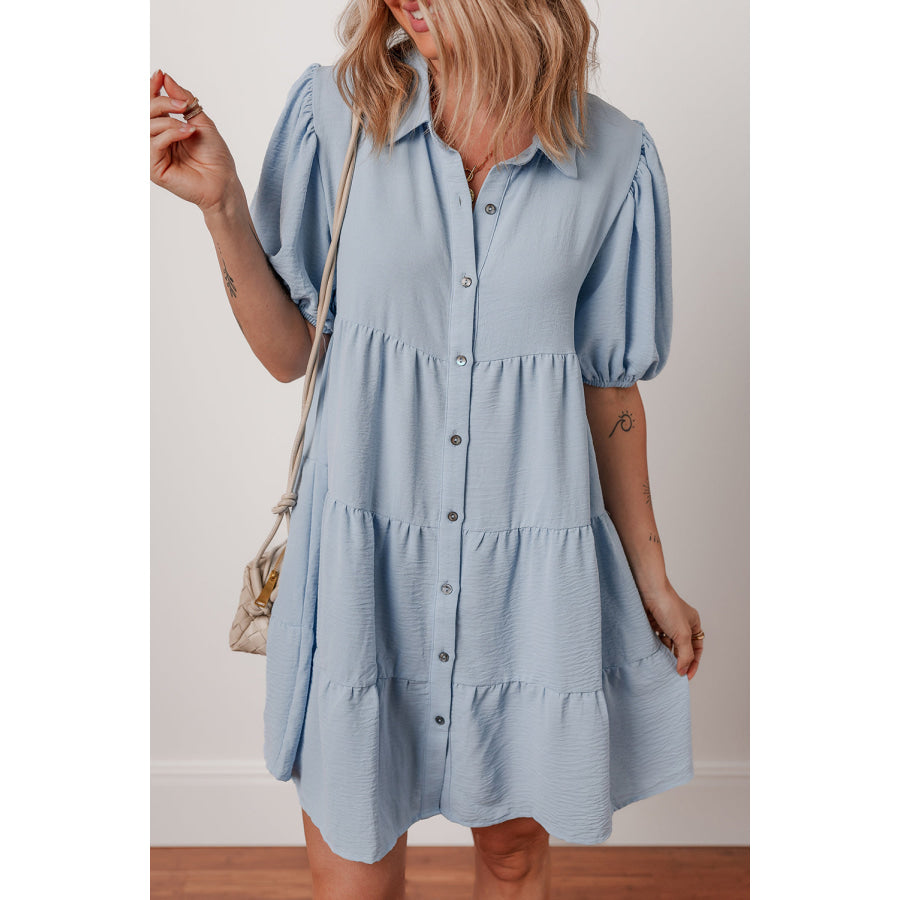 Beau Blue Shirt Collar Button Up Short Puff Sleeve Tiered Shift Dress Beau Blue / S / 100% Polyester Dresses/Mini Dresses