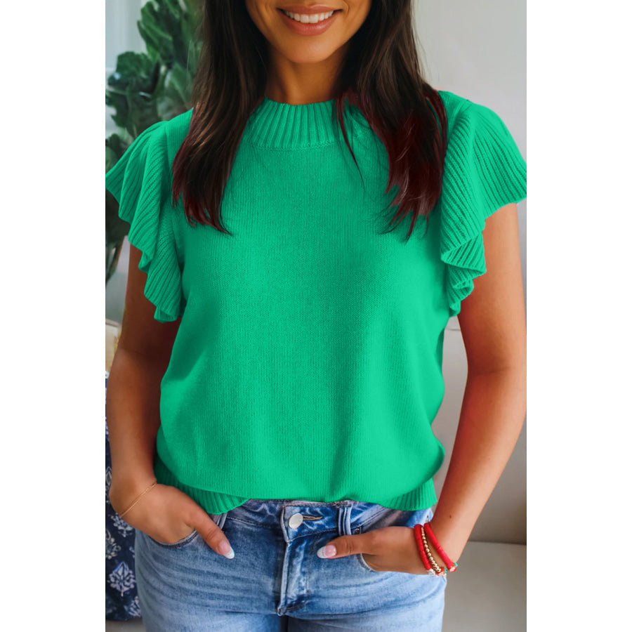 Beau Blue Solid Color Ribbed Trim Round Neck Ruffle Short Sleeve Sweater Bright Green / S / 52% Viscose + 26% Polyester + 22% Polyamide