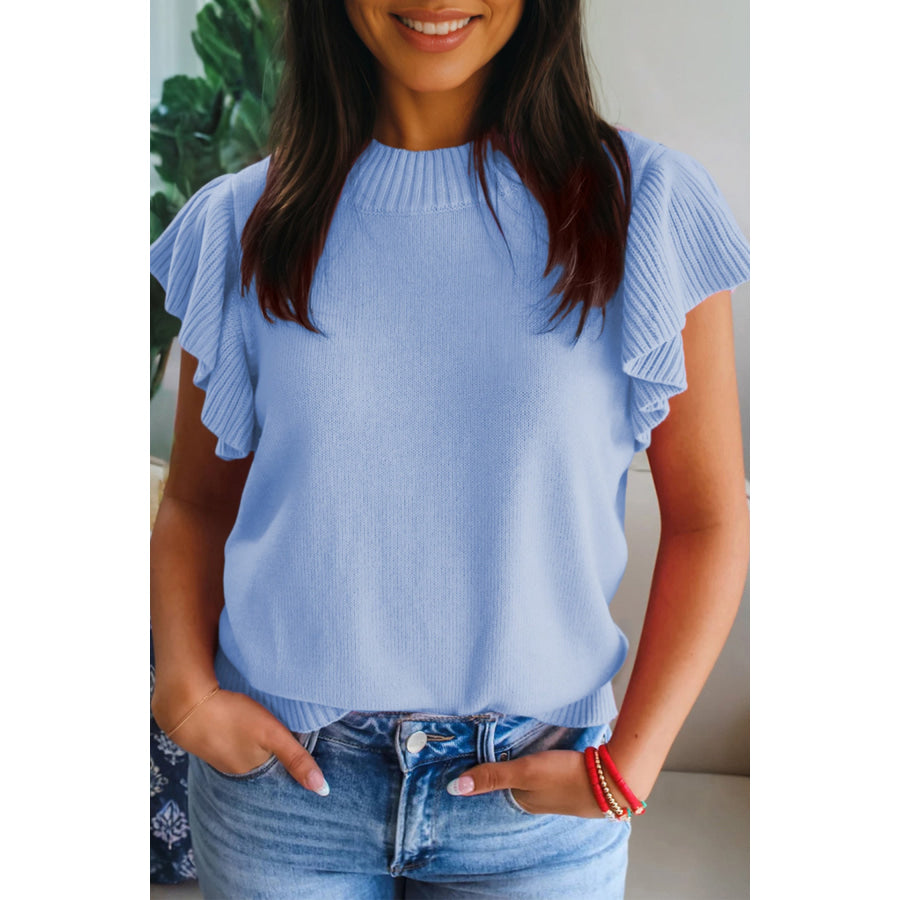 Beau Blue Solid Color Ribbed Trim Round Neck Ruffle Short Sleeve Sweater Beau Blue / S / 52% Viscose + 26% Polyester + 22% Polyamide