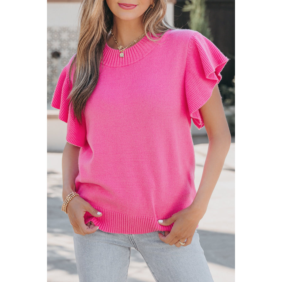 Beau Blue Solid Color Ribbed Trim Round Neck Ruffle Short Sleeve Sweater Sweaters & Cardigans/Short Sleeve Sweaters