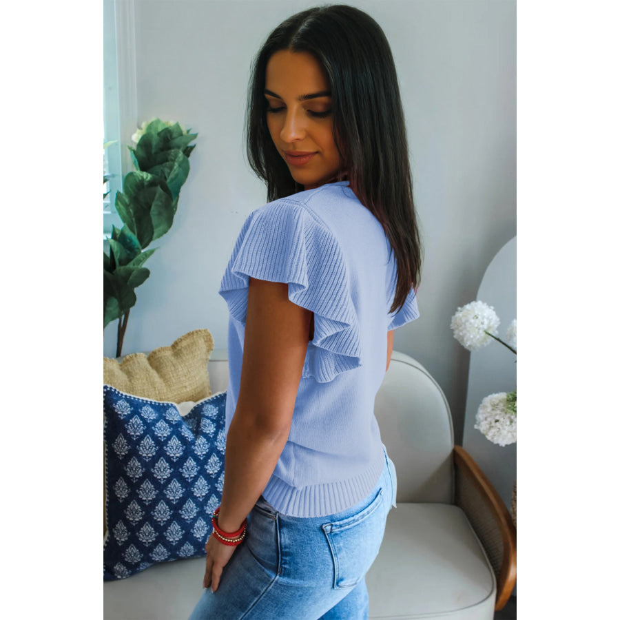 Beau Blue Solid Color Ribbed Trim Round Neck Ruffle Short Sleeve Sweater Beau Blue / S / 52% Viscose + 26% Polyester + 22% Polyamide