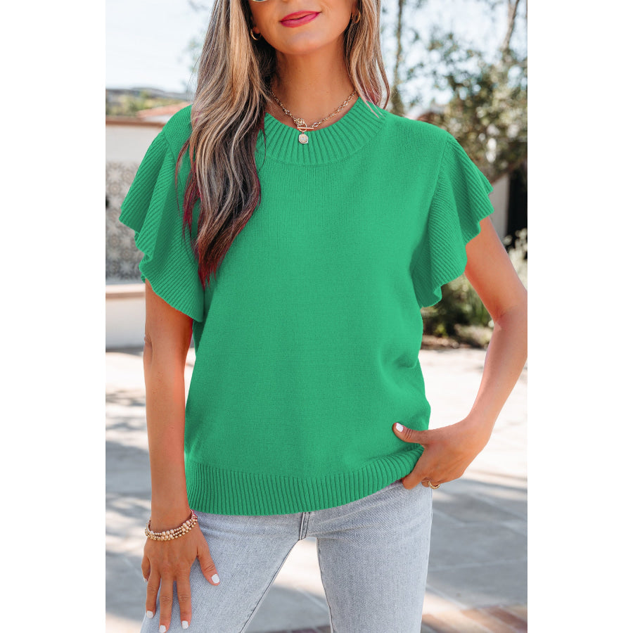Beau Blue Solid Color Ribbed Trim Round Neck Ruffle Short Sleeve Sweater Sweaters & Cardigans/Short Sleeve Sweaters