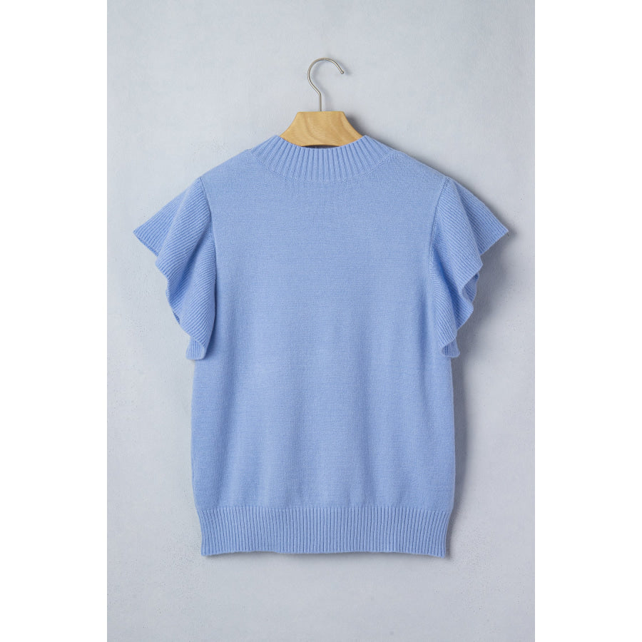 Beau Blue Solid Color Ribbed Trim Round Neck Ruffle Short Sleeve Sweater Sweaters & Cardigans/Short Sleeve Sweaters