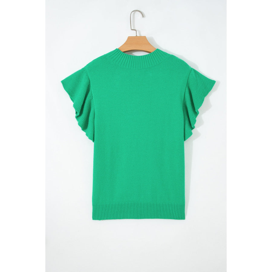 Beau Blue Solid Color Ribbed Trim Round Neck Ruffle Short Sleeve Sweater Sweaters & Cardigans/Short Sleeve Sweaters