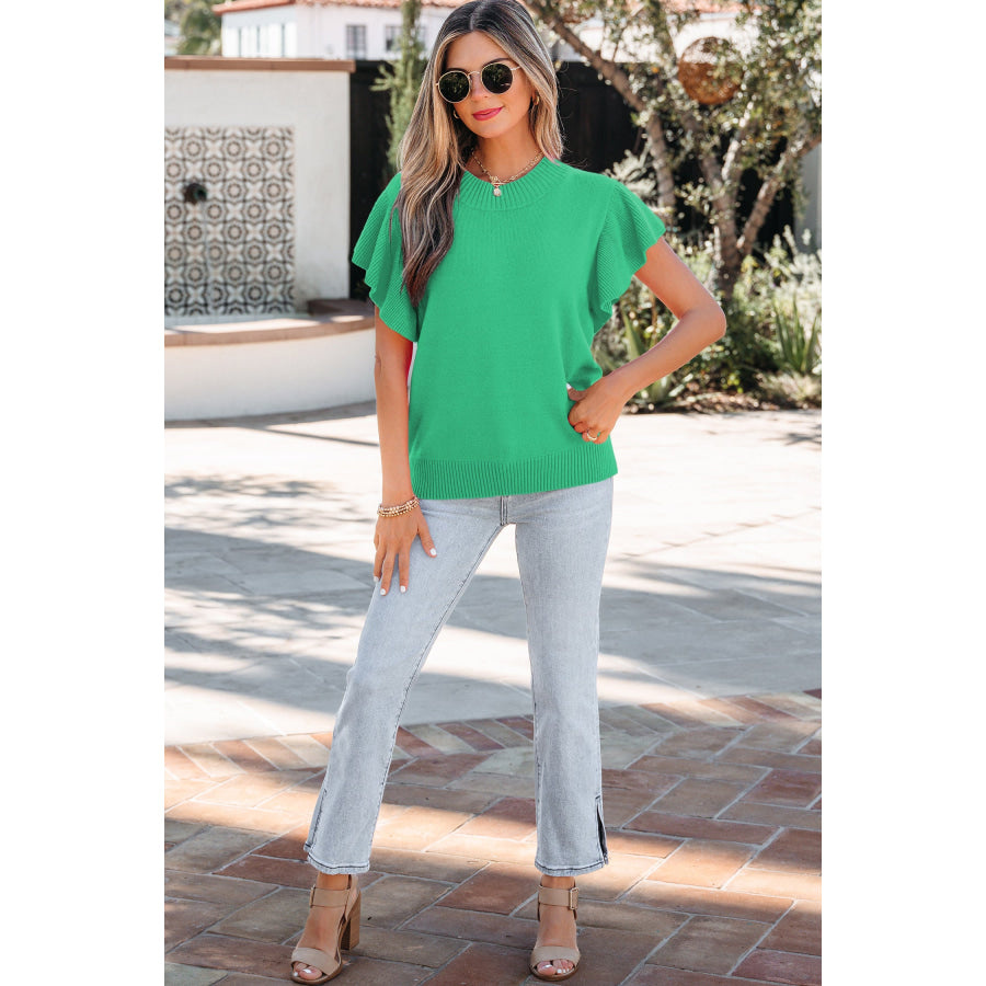 Beau Blue Solid Color Ribbed Trim Round Neck Ruffle Short Sleeve Sweater Sweaters & Cardigans/Short Sleeve Sweaters