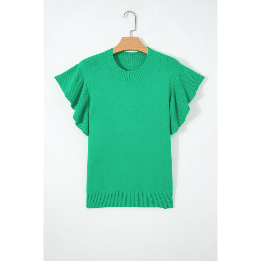Beau Blue Solid Color Ribbed Trim Round Neck Ruffle Short Sleeve Sweater Sweaters & Cardigans/Short Sleeve Sweaters