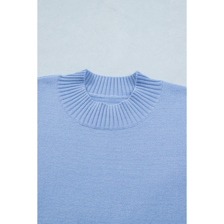 Beau Blue Solid Color Ribbed Trim Round Neck Ruffle Short Sleeve Sweater Sweaters & Cardigans/Short Sleeve Sweaters