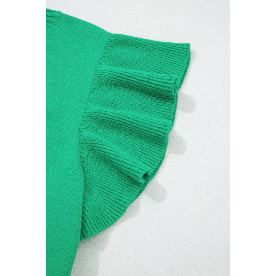 Beau Blue Solid Color Ribbed Trim Round Neck Ruffle Short Sleeve Sweater Sweaters & Cardigans/Short Sleeve Sweaters