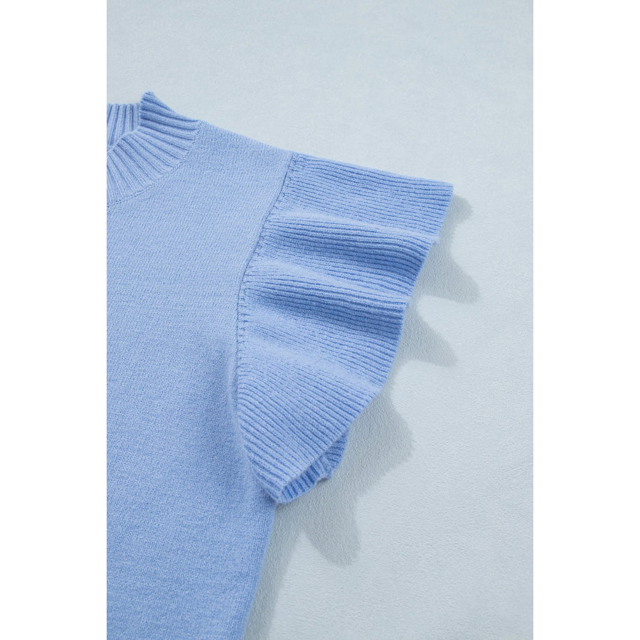 Beau Blue Solid Color Ribbed Trim Round Neck Ruffle Short Sleeve Sweater Sweaters & Cardigans/Short Sleeve Sweaters