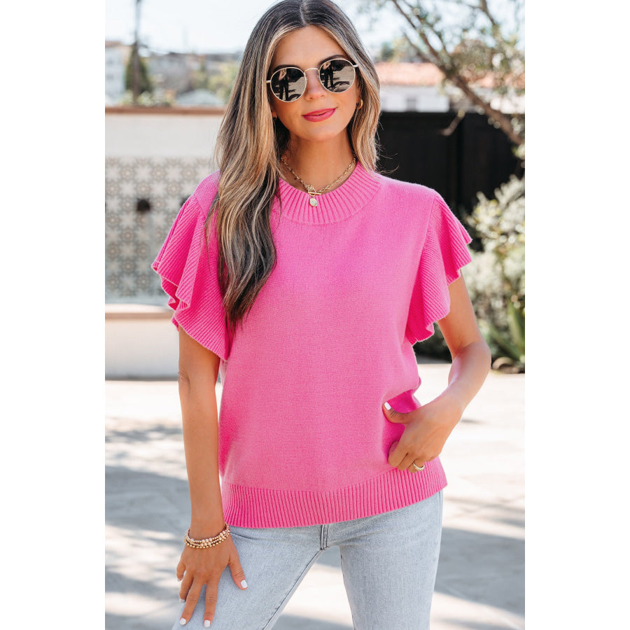 Beau Blue Solid Color Ribbed Trim Round Neck Ruffle Short Sleeve Sweater Sweaters & Cardigans/Short Sleeve Sweaters