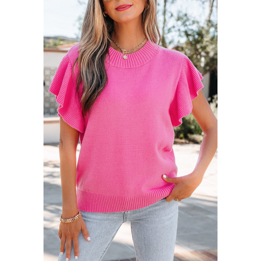 Beau Blue Solid Color Ribbed Trim Round Neck Ruffle Short Sleeve Sweater Sweaters & Cardigans/Short Sleeve Sweaters