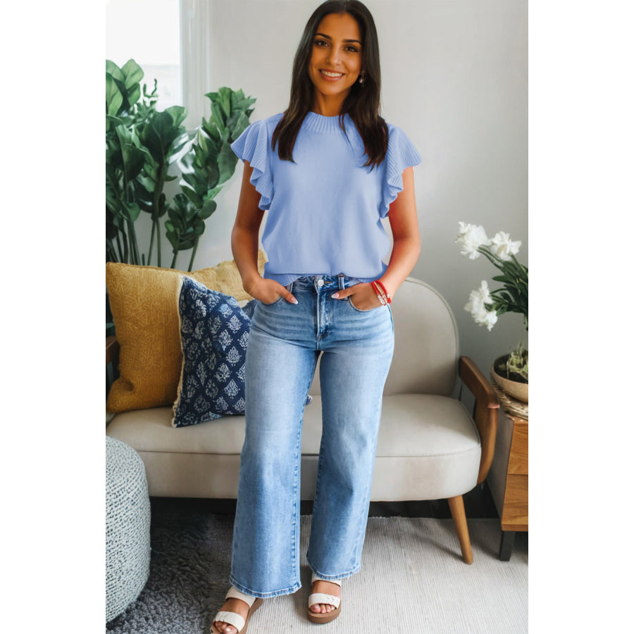 Beau Blue Solid Color Ribbed Trim Round Neck Ruffle Short Sleeve Sweater Sweaters & Cardigans/Short Sleeve Sweaters
