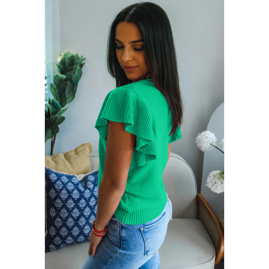 Beau Blue Solid Color Ribbed Trim Round Neck Ruffle Short Sleeve Sweater Sweaters & Cardigans/Short Sleeve Sweaters