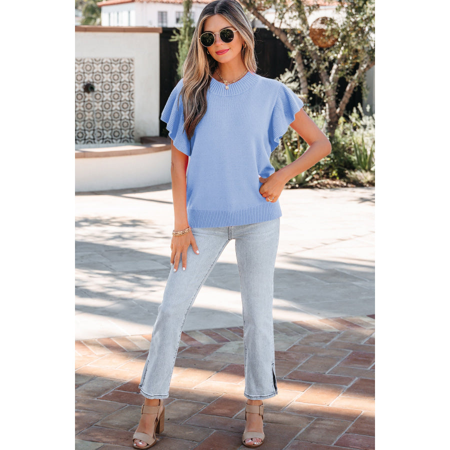 Beau Blue Solid Color Ribbed Trim Round Neck Ruffle Short Sleeve Sweater Sweaters & Cardigans/Short Sleeve Sweaters