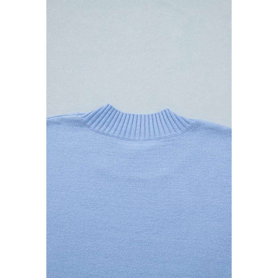 Beau Blue Solid Color Ribbed Trim Round Neck Ruffle Short Sleeve Sweater Sweaters & Cardigans/Short Sleeve Sweaters