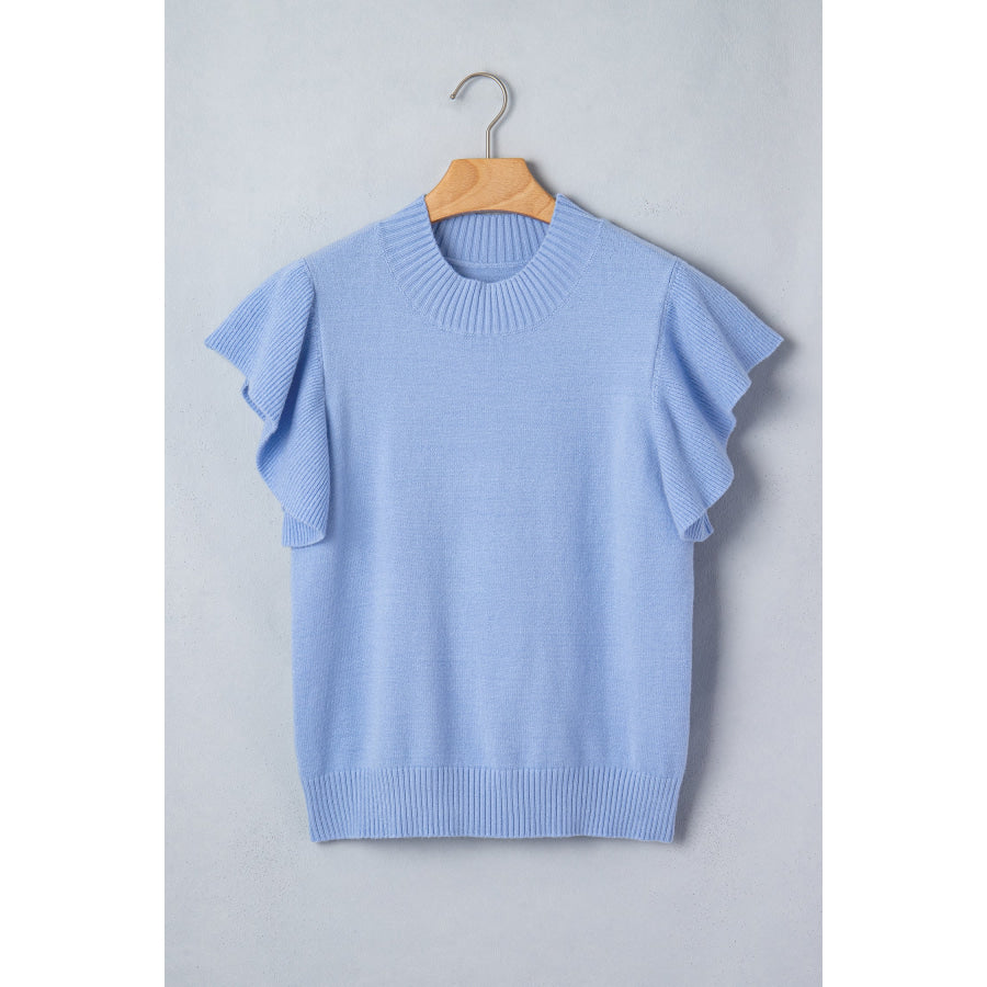 Beau Blue Solid Color Ribbed Trim Round Neck Ruffle Short Sleeve Sweater Sweaters & Cardigans/Short Sleeve Sweaters