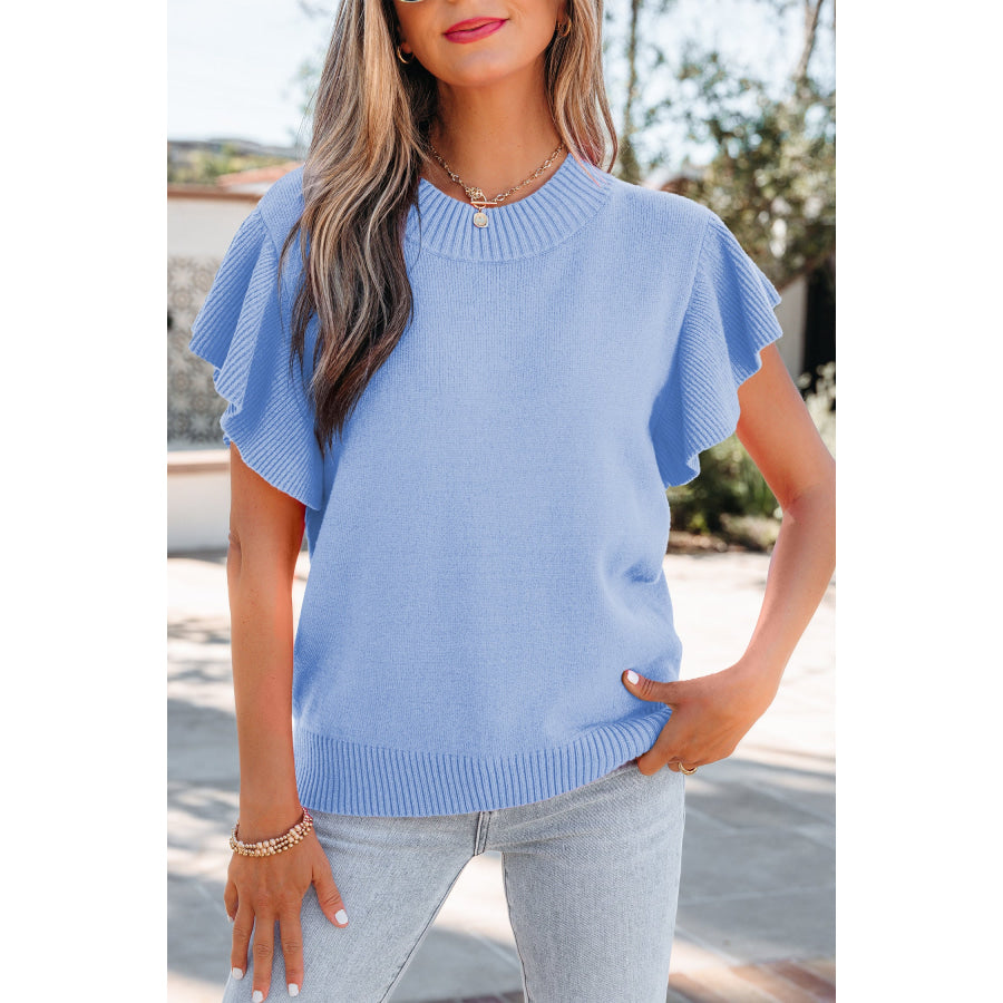 Beau Blue Solid Color Ribbed Trim Round Neck Ruffle Short Sleeve Sweater Sweaters & Cardigans/Short Sleeve Sweaters