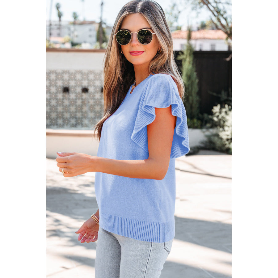 Beau Blue Solid Color Ribbed Trim Round Neck Ruffle Short Sleeve Sweater Sweaters & Cardigans/Short Sleeve Sweaters