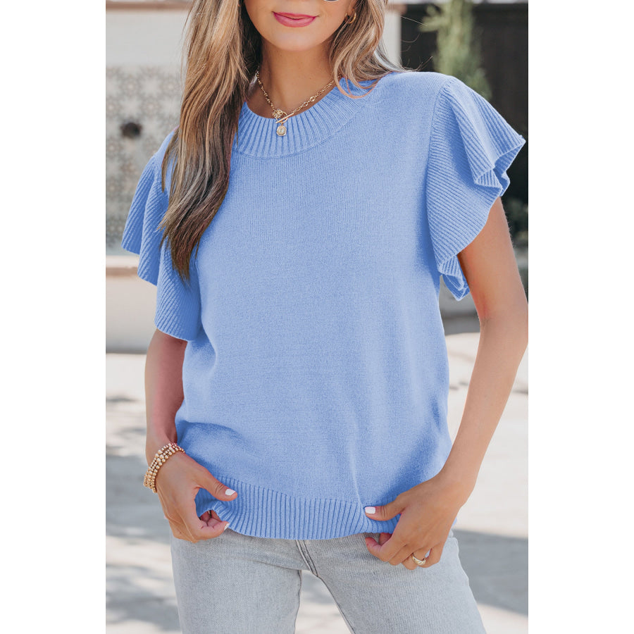 Beau Blue Solid Color Ribbed Trim Round Neck Ruffle Short Sleeve Sweater Sweaters & Cardigans/Short Sleeve Sweaters
