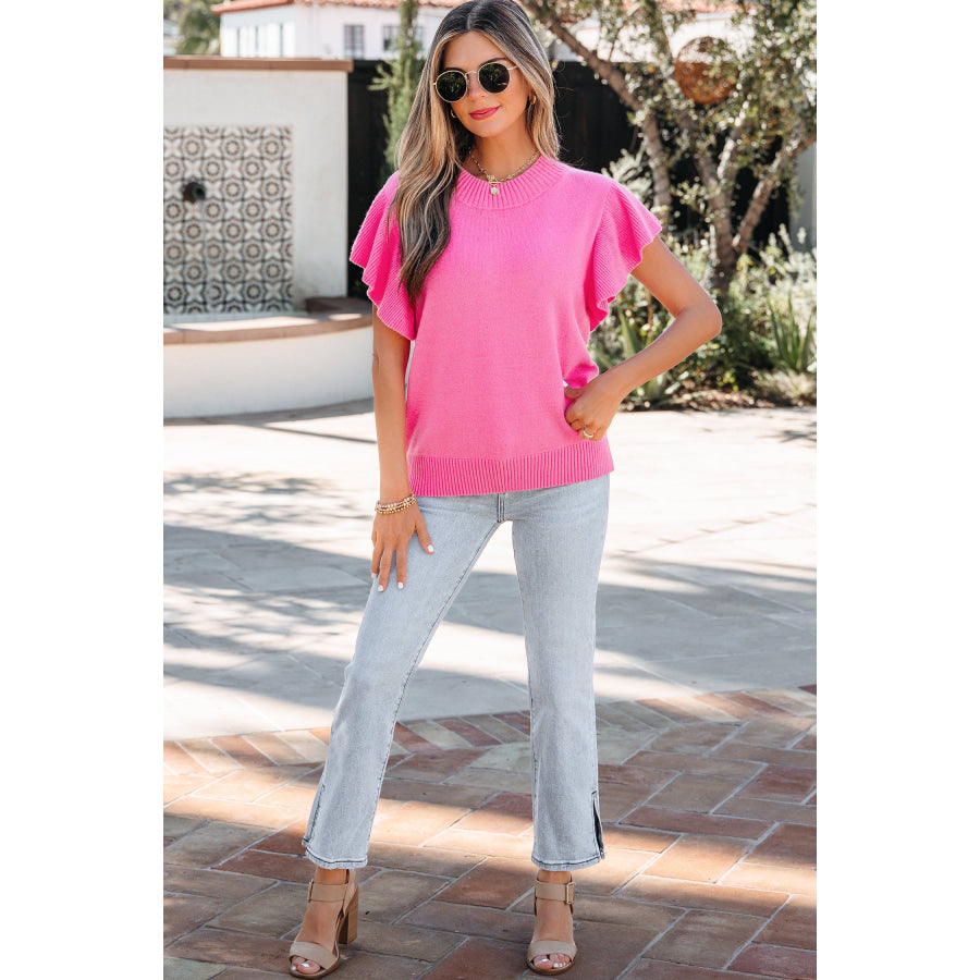 Beau Blue Solid Color Ribbed Trim Round Neck Ruffle Short Sleeve Sweater Sweaters & Cardigans/Short Sleeve Sweaters