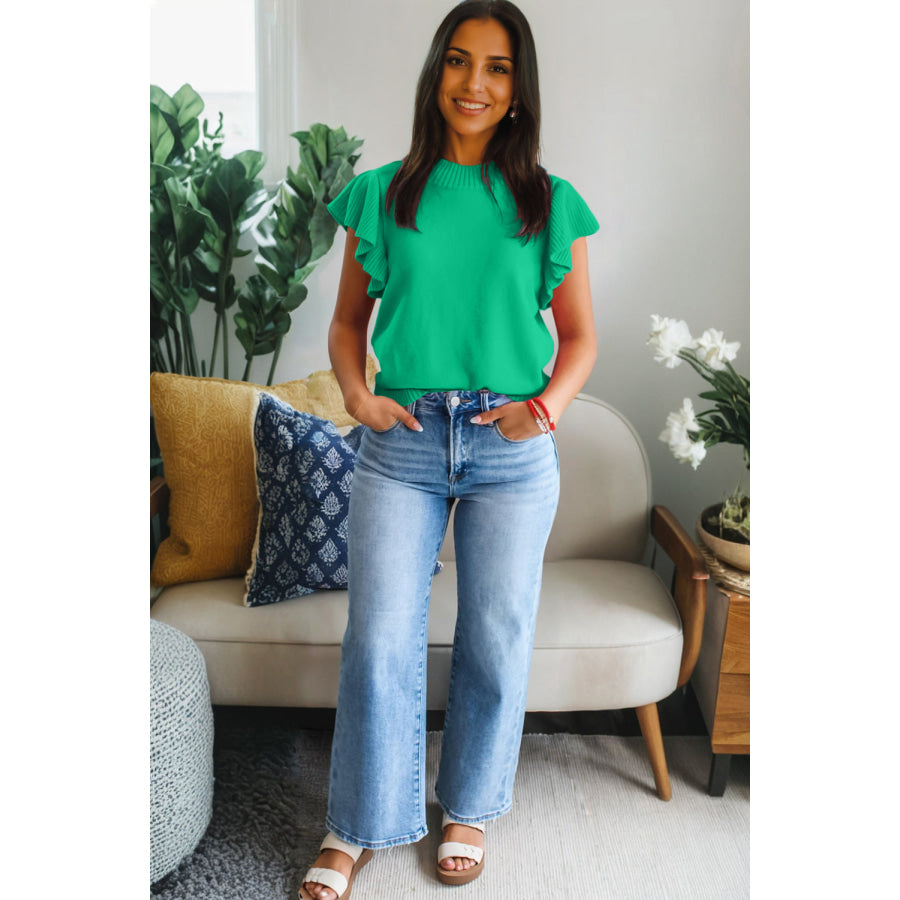 Beau Blue Solid Color Ribbed Trim Round Neck Ruffle Short Sleeve Sweater Sweaters & Cardigans/Short Sleeve Sweaters