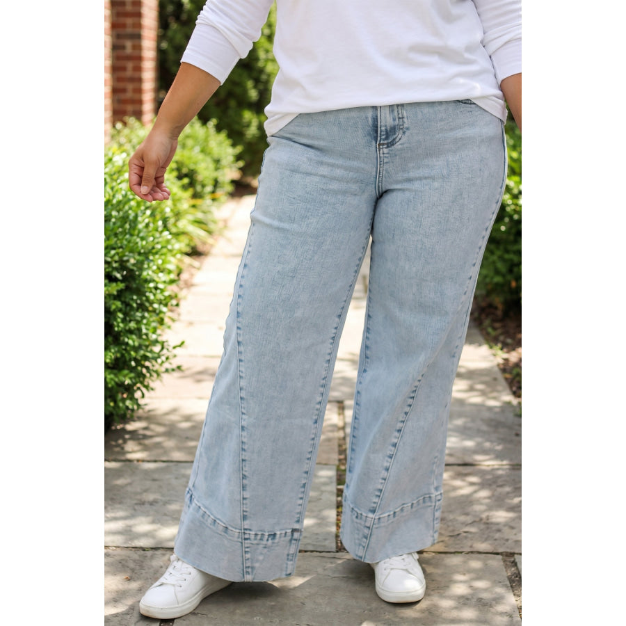 Beau Blue Solid Paneling Loose Fit Plus Size Jeans Beau Blue / 1X / 71% Cotton + 27.5% Polyester + 1.5% Elastane Plus Size/Plus Size Bottoms