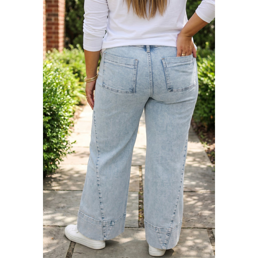 Beau Blue Solid Paneling Loose Fit Plus Size Jeans Beau Blue / 1X / 71% Cotton + 27.5% Polyester + 1.5% Elastane Plus Size/Plus Size Bottoms