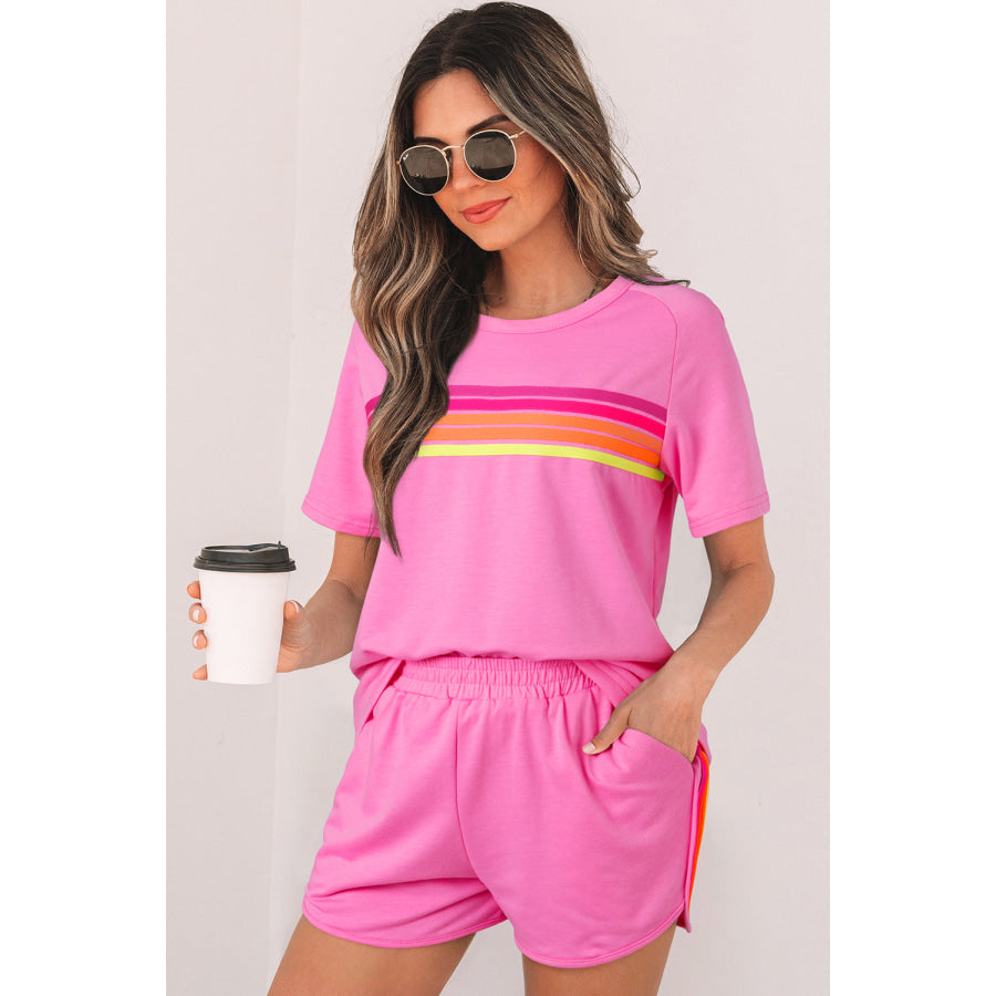 Beau Blue Striped Patch Front Casual Tee Bonbon / S / 85% Polyester + 10% Cotton + 5% Elastane Tops/Tops & Tees