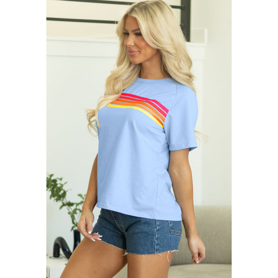 Beau Blue Striped Patch Front Casual Tee Tops/Tops & Tees
