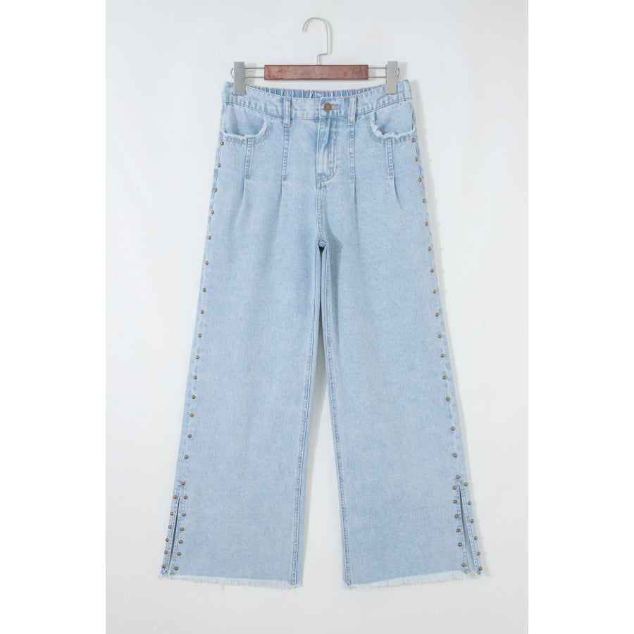 Beau Blue Studded Side Slit Leg Frayed Pocketed Wide Leg Jeans Beau Blue / 4 / 81.3% Cotton + 13% Polyester + 5.7% Regenrated Fibre