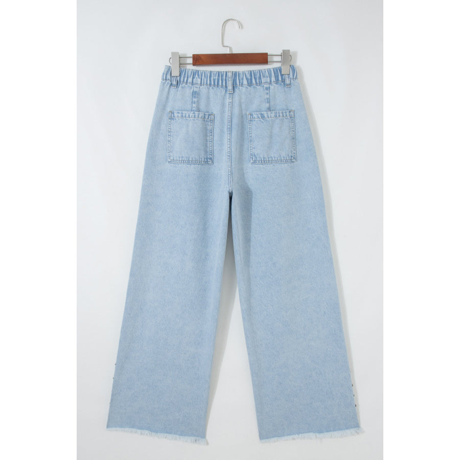Beau Blue Studded Side Slit Leg Frayed Pocketed Wide Leg Jeans Bottoms/Jeans