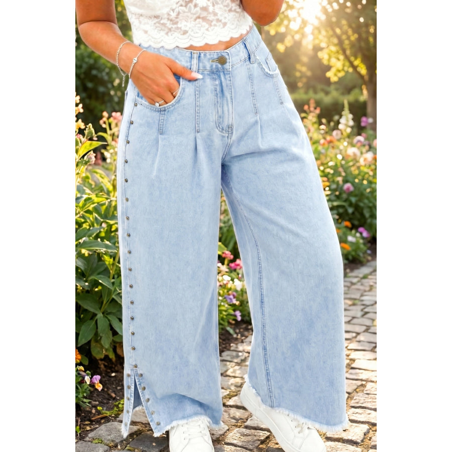 Beau Blue Studded Side Slit Leg Frayed Pocketed Wide Leg Jeans Bottoms/Jeans