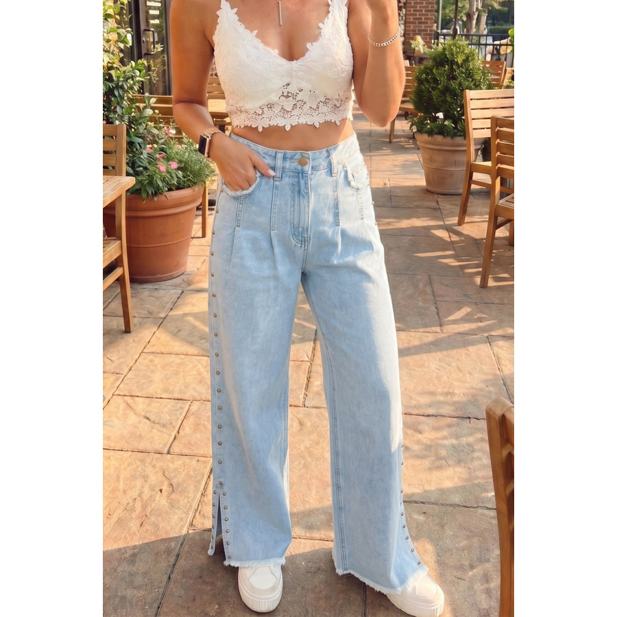 Beau Blue Studded Side Slit Leg Frayed Pocketed Wide Leg Jeans Bottoms/Jeans